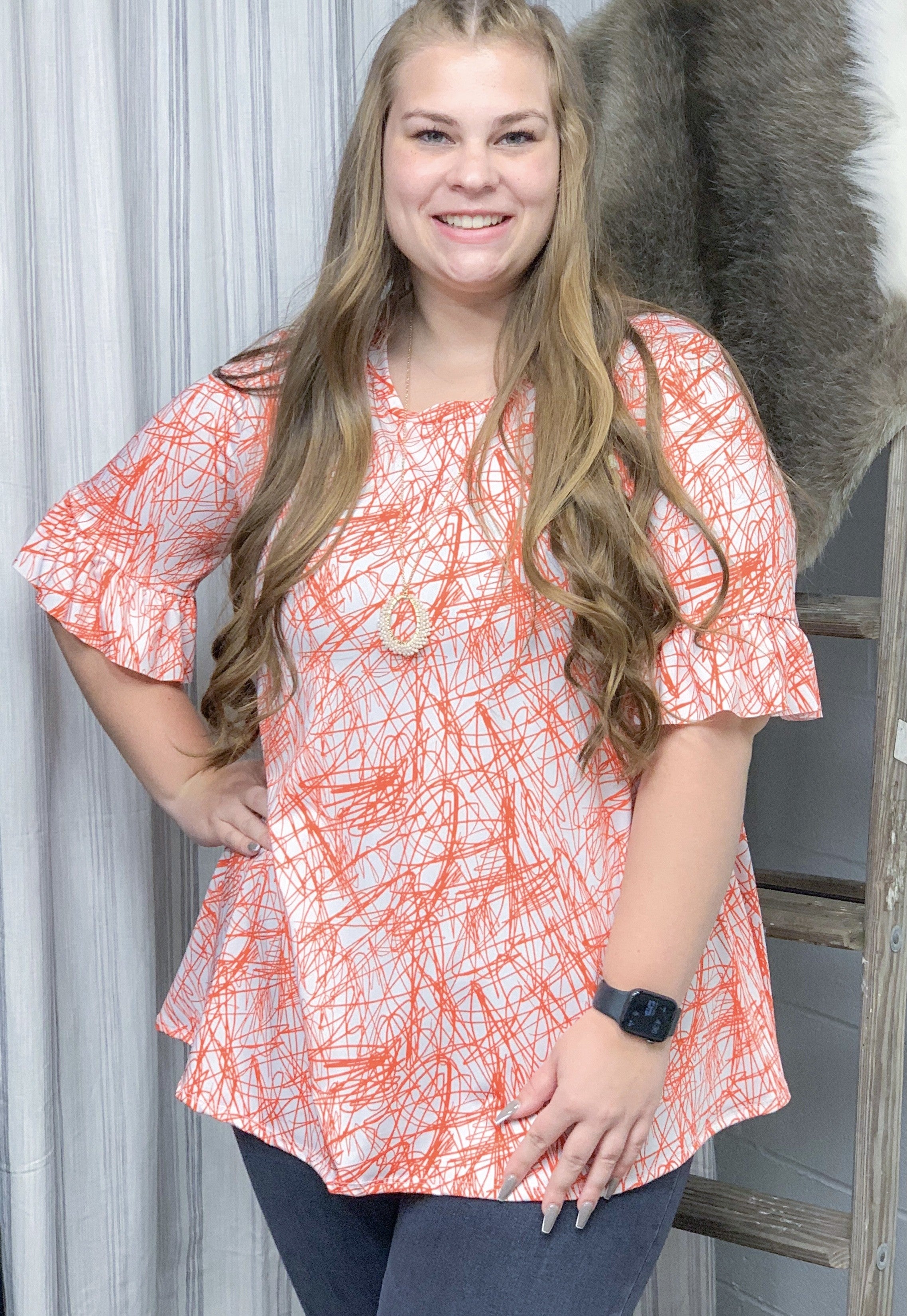 Orange Ruffle Sleeve Scribble Print Top