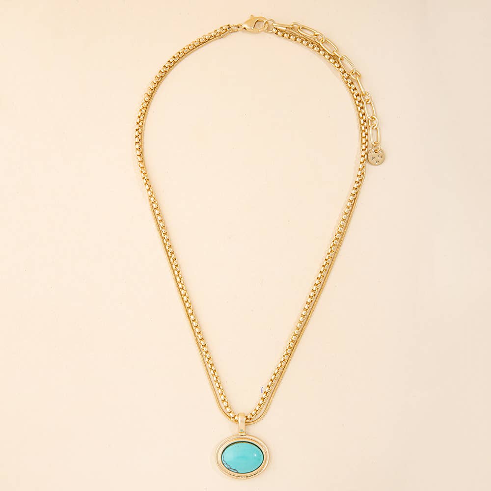 Oval Stone Pendant Double Layer Chain Necklace: WI
