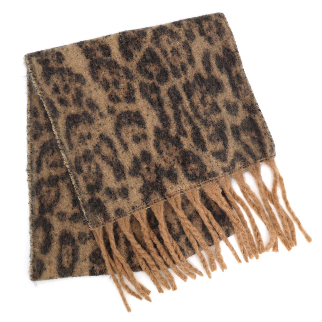 Leopard Pattern Print Brushed Fringe Oblong Scarf: Beige