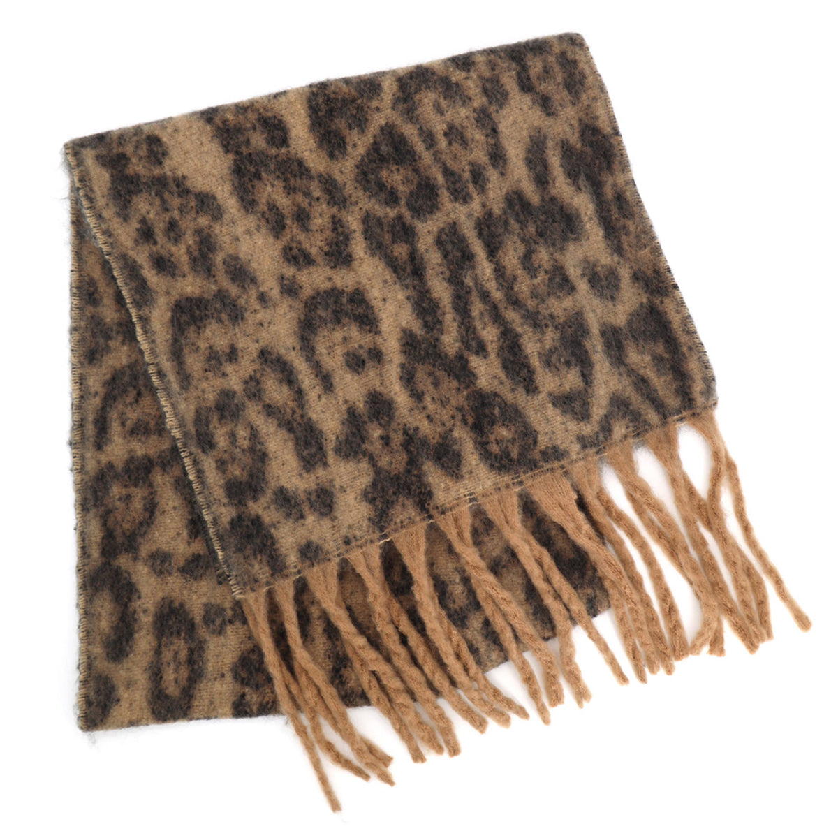 Leopard Pattern Print Brushed Fringe Oblong Scarf: Beige