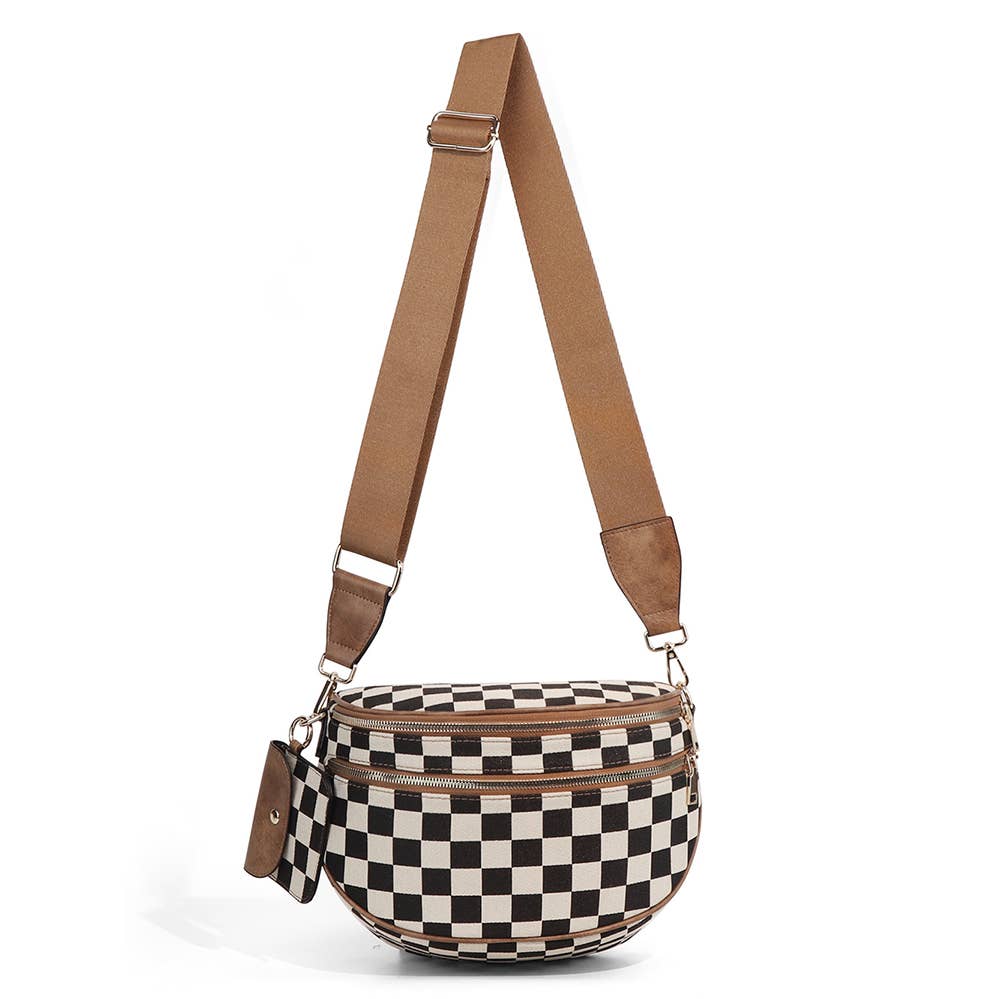 Checkerboard Crossbody Bag & Coin Purse: Brown