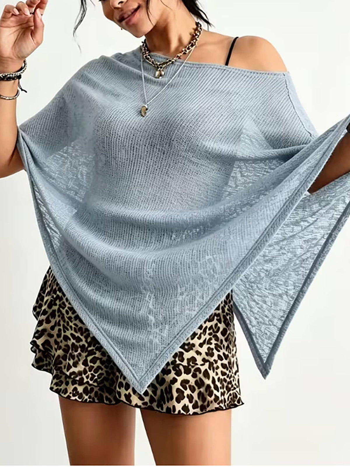 Lightweight Knit Poncho Shawl, Versatile Layering Cover Up: Brown