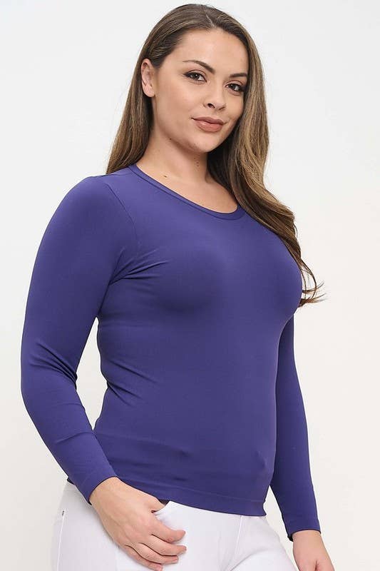 Women's Seamless Round Neck Long Sleeve Top: Coffee / Plus