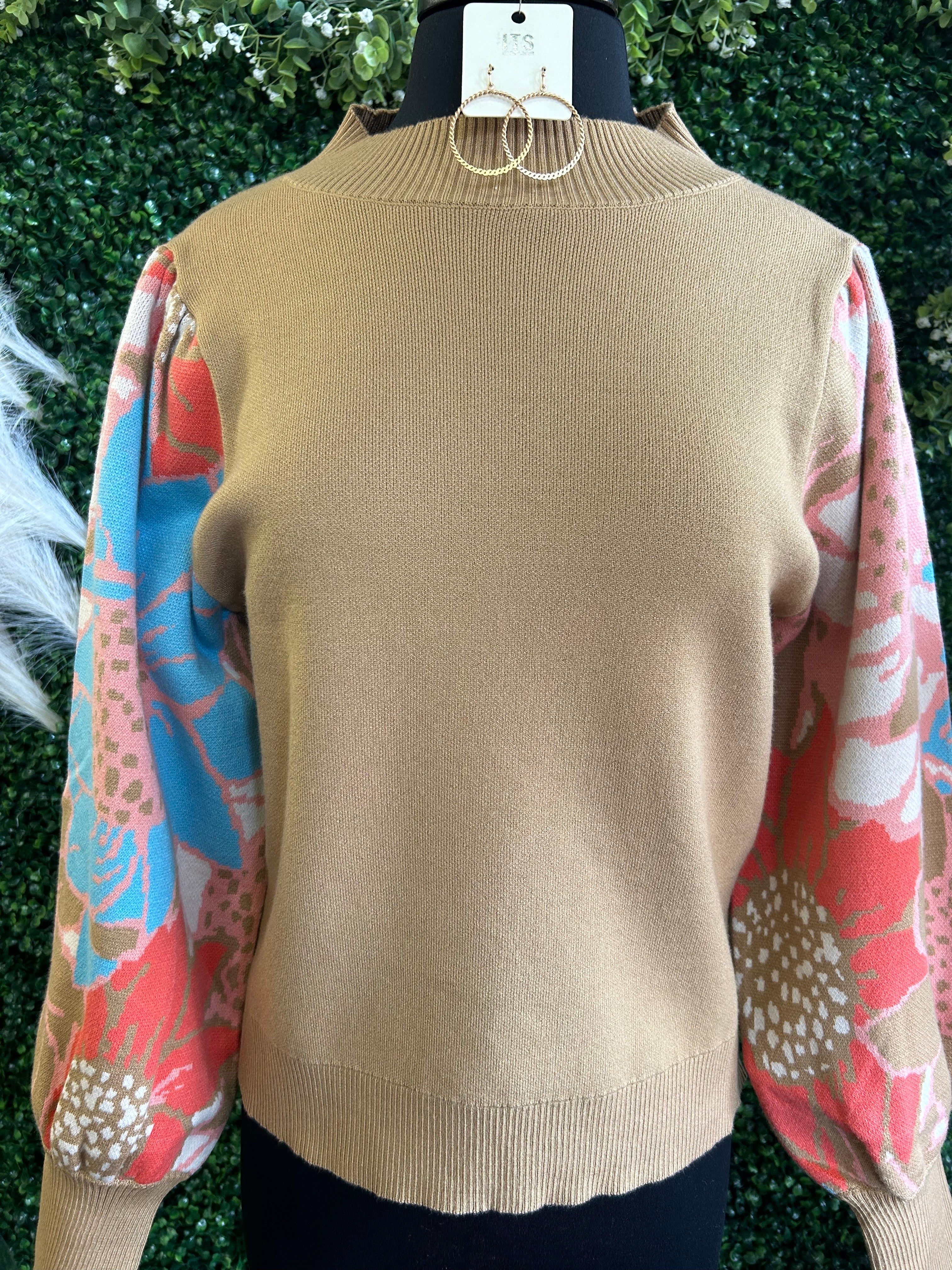 Floral Sleeve High Neck Sweater