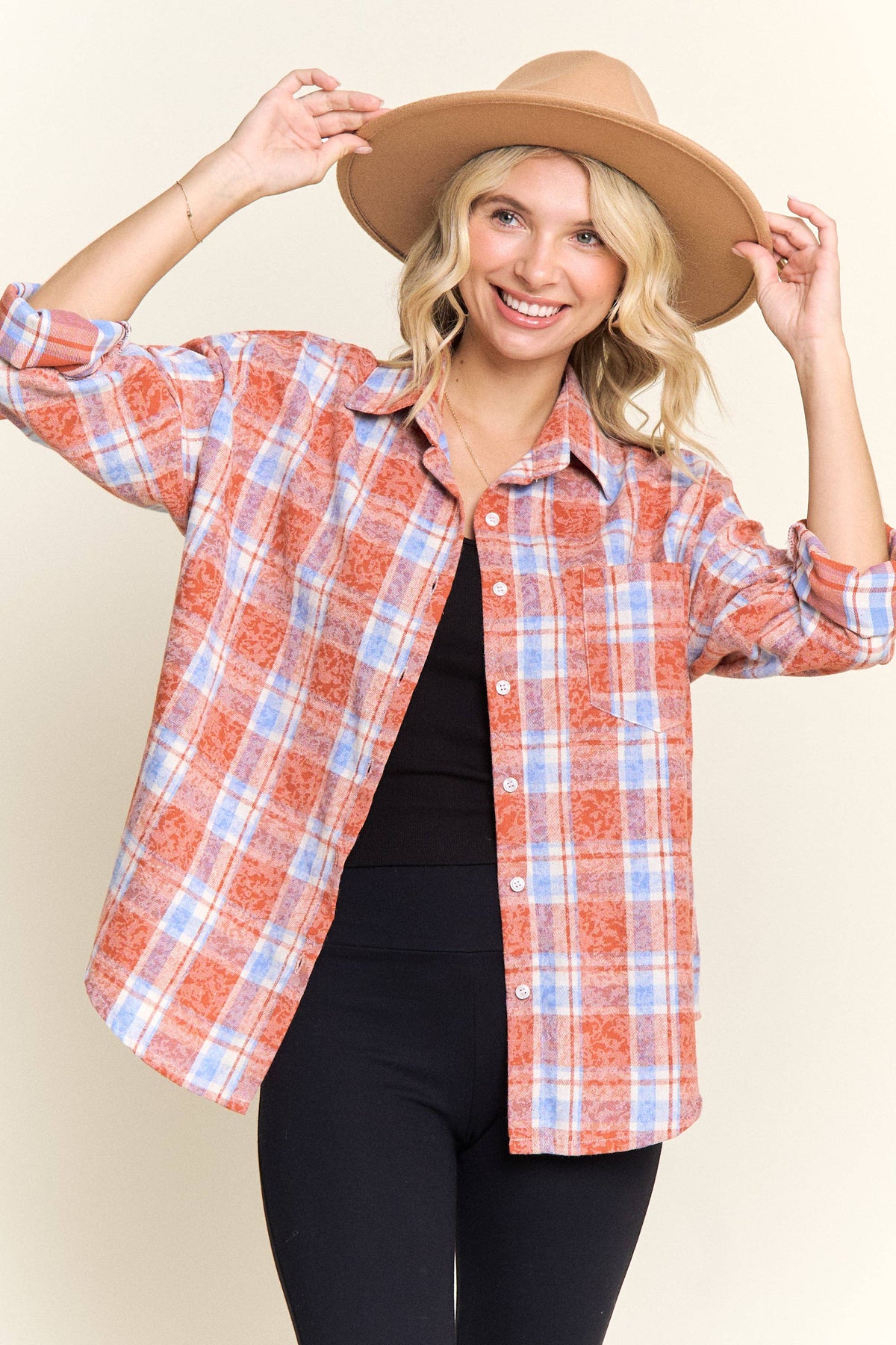 BURNOUT PLAID WASHED-LOOK SHIRT- LET4189: Blue / S-M-L(2-2-2)