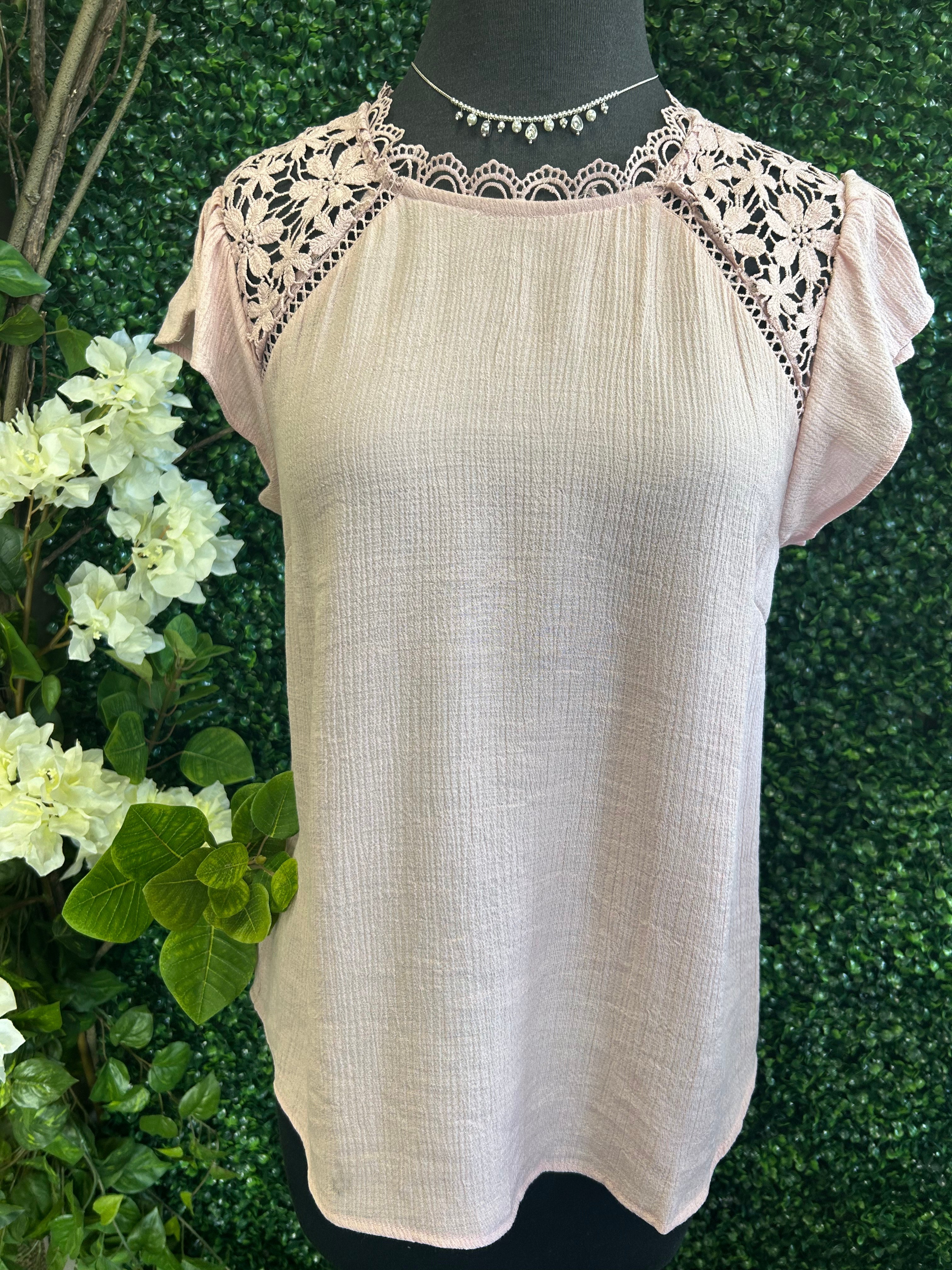 Lace Panel Short Ruffle Sleeve Blouse