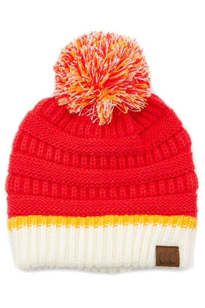 C.C Team Color Ribbed Beanie with Pom Winter Hat: 6.royal Blue/Red