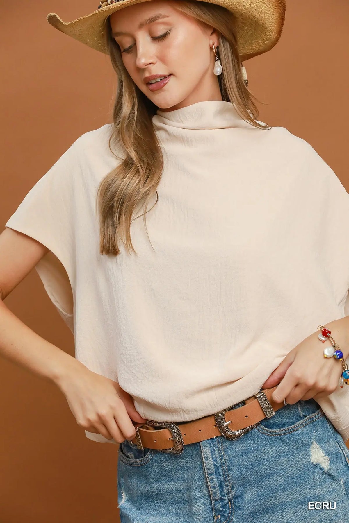 Draped Mock Neck Oversized Blouse