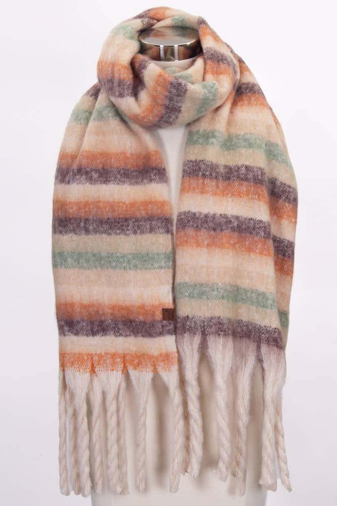C.C Horizontal Multi Color Stripe Woven Scarf: Beige