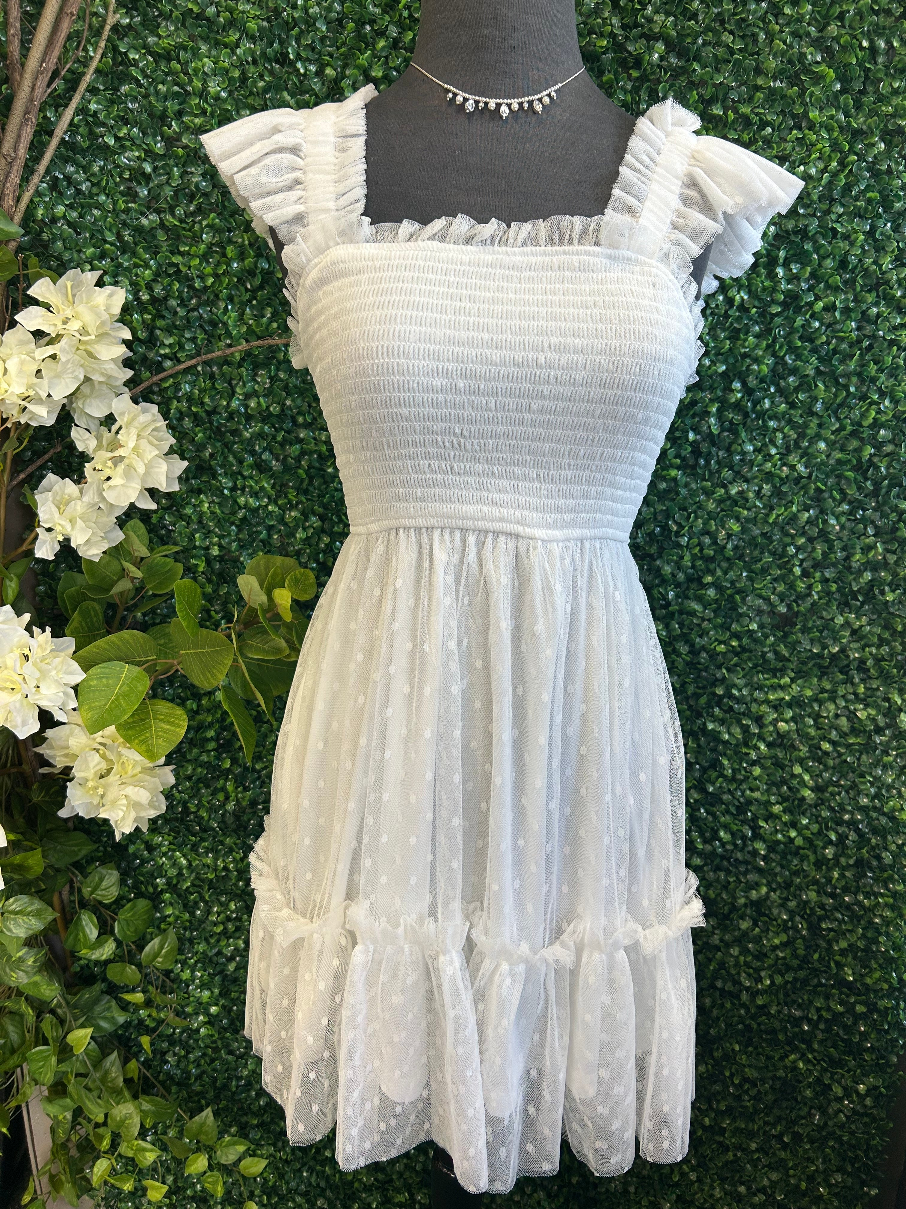 Polka Dot Chiffon Smocked Ruffle Detail Mini Dress