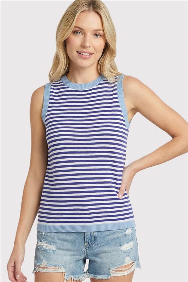COLOR CONTRASTED, SLEEVELESS, CREW NECK, STRIPED TANK SWEATER TOP