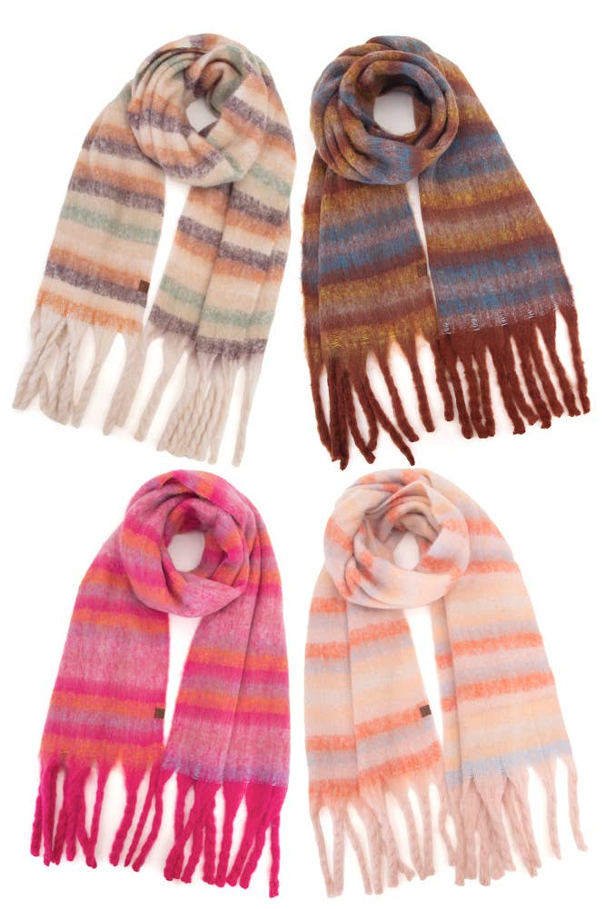 C.C Horizontal Multi Color Stripe Woven Scarf: Beige
