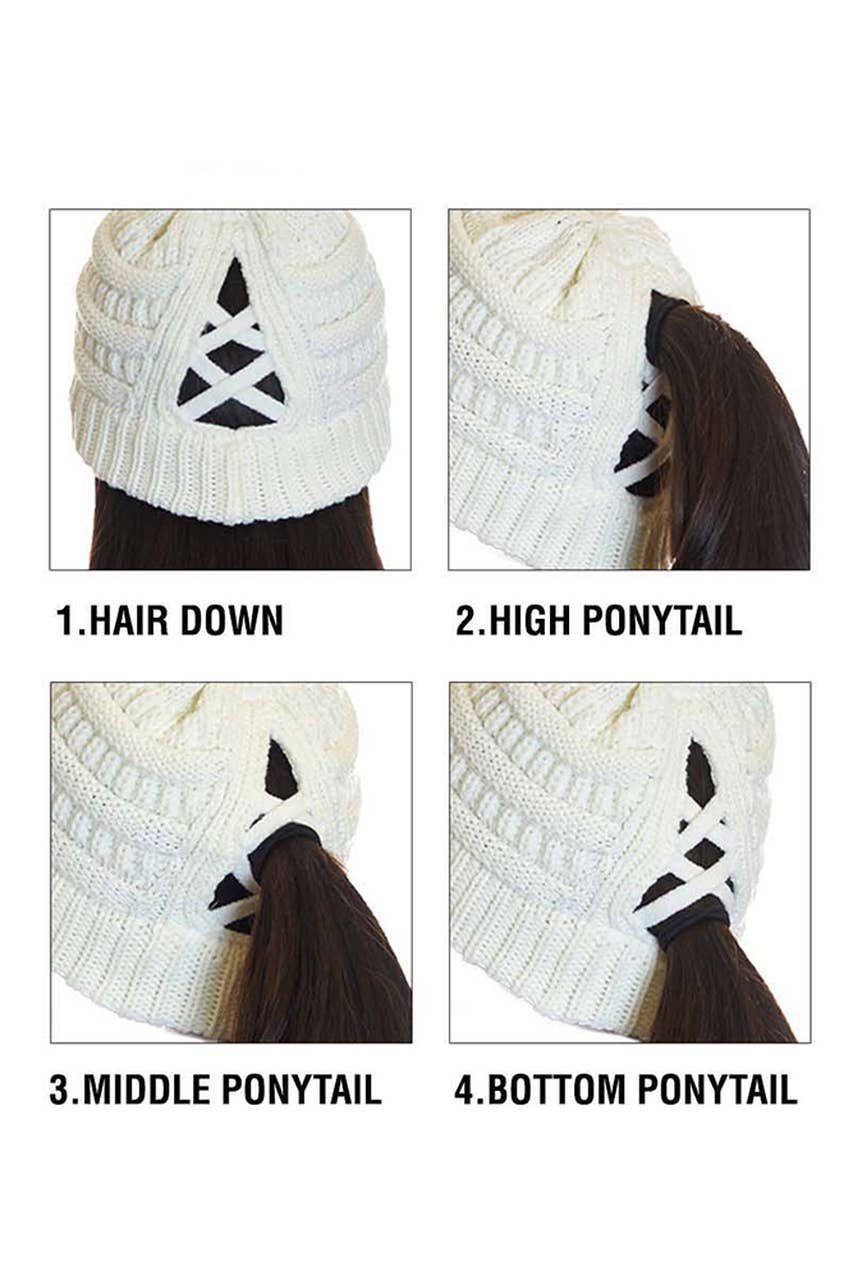 C.C Criss Cross Ponytail Knit Beanie Winter Hat: Indi Pink