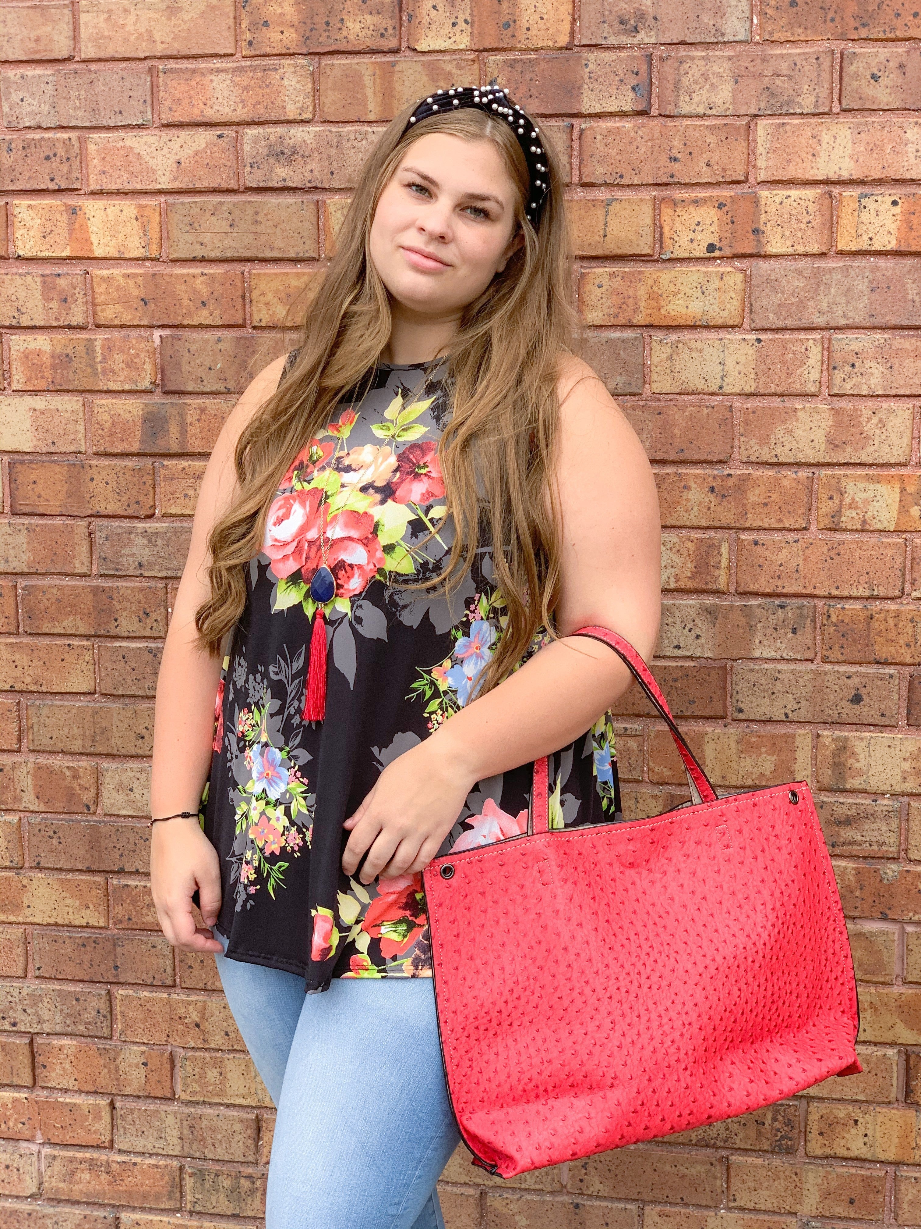 Floral Spandex Tank Top w/ Round Hem