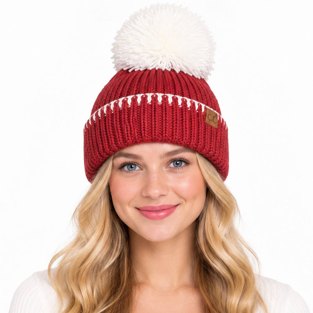 C.C Yarn Pom Game Day Team Stitch Point Beanie Hat: Red/Black