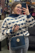 Navy Mock Necked Scalloped Pattern Sweater