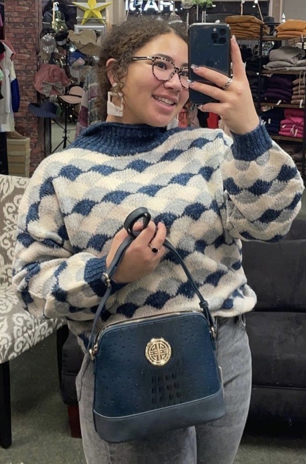 Navy Mock Necked Scalloped Pattern Sweater