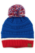 C.C Team Color Ribbed Beanie with Pom Winter Hat: 6.royal Blue/Red