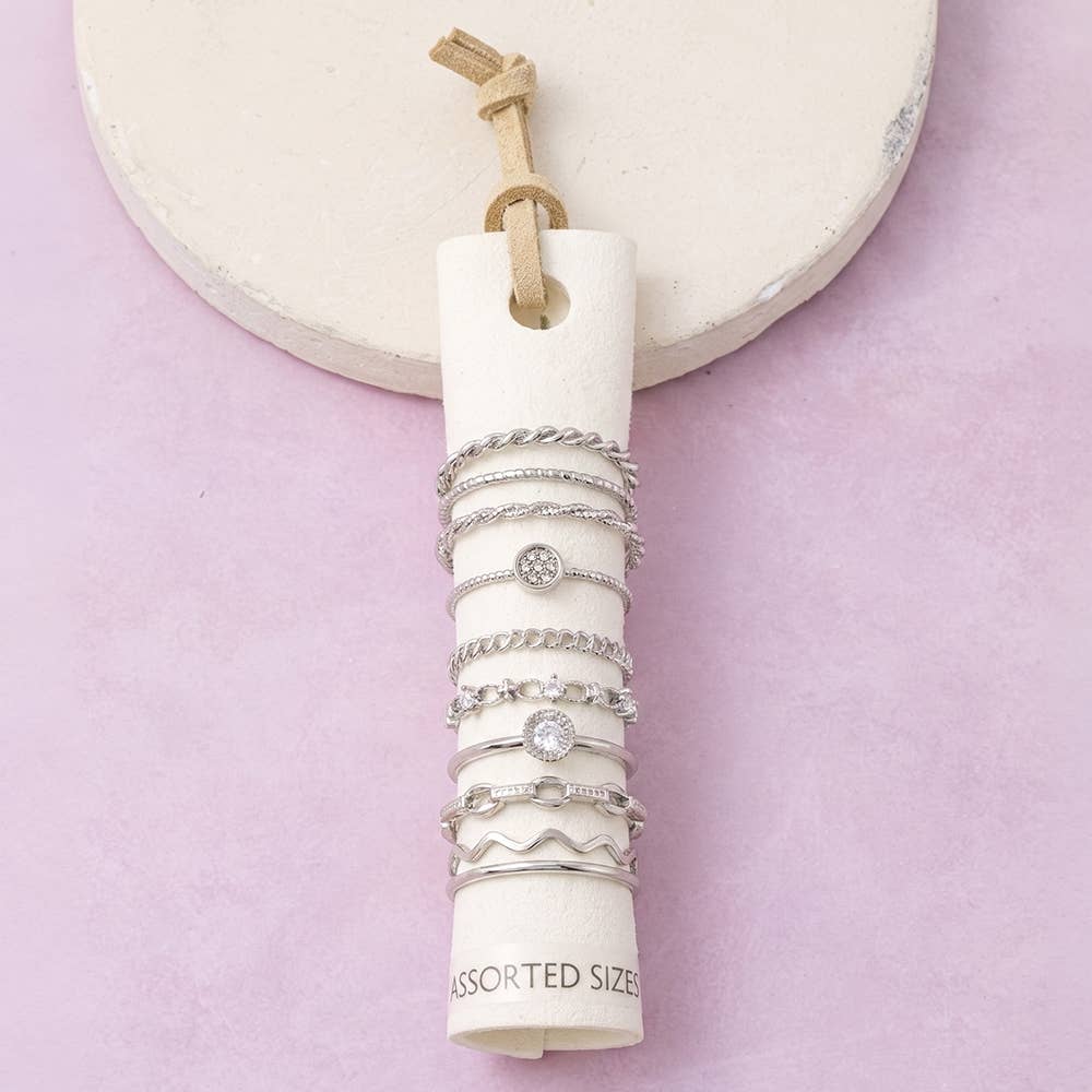 Rope Twist And Crystal Link Stacking Ring Set: RHCRY