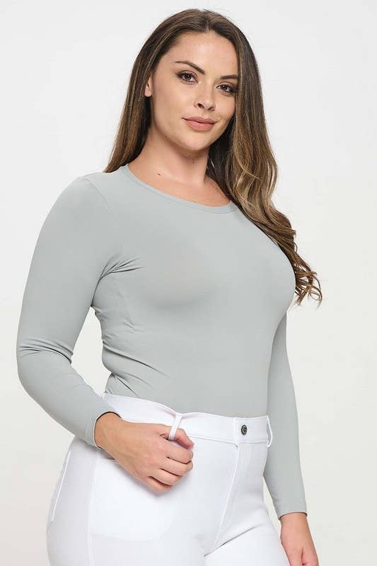 Women's Seamless Round Neck Long Sleeve Top: Coffee / Plus