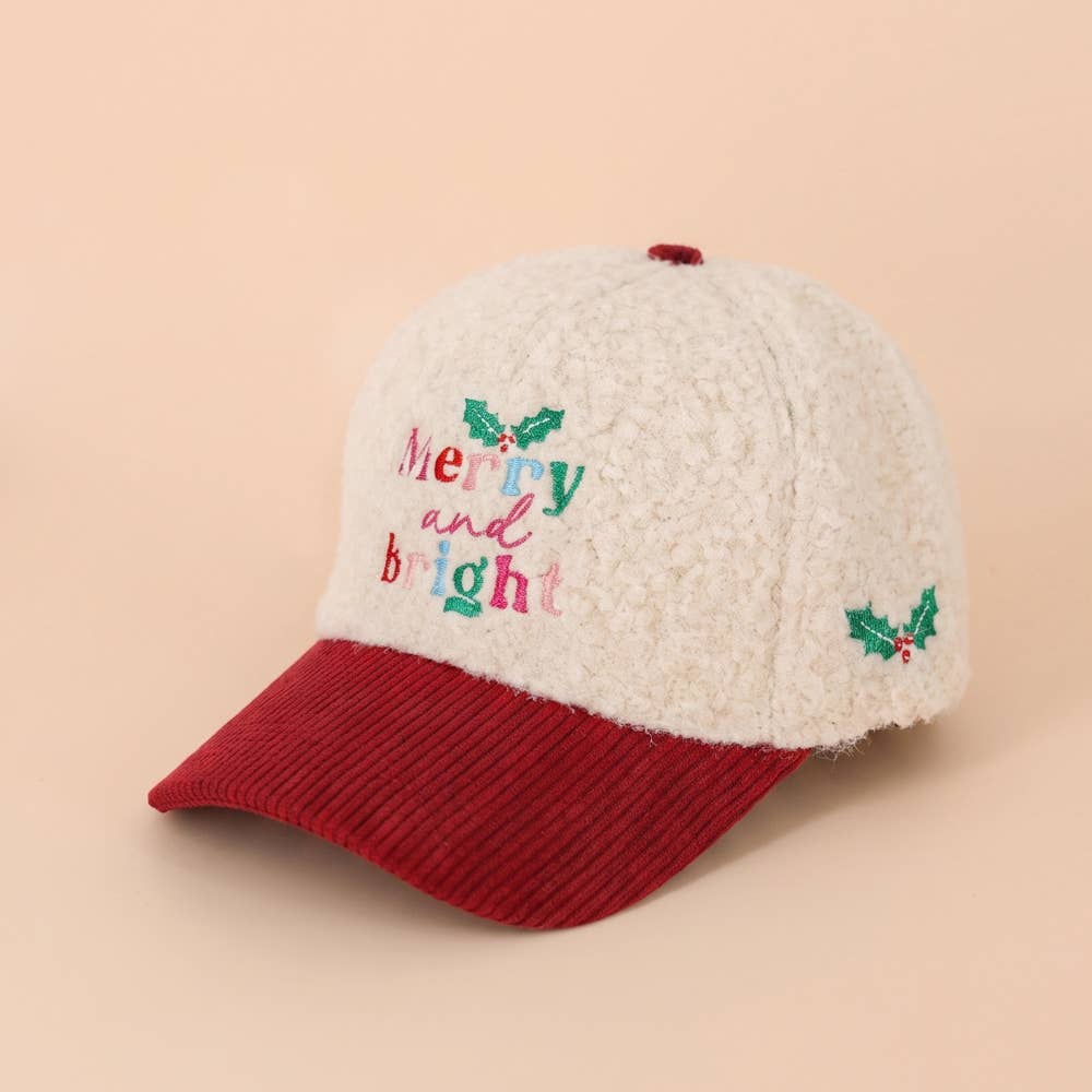 Merry And Bright Embroidered Sherpa Baseball Cap: IVORY