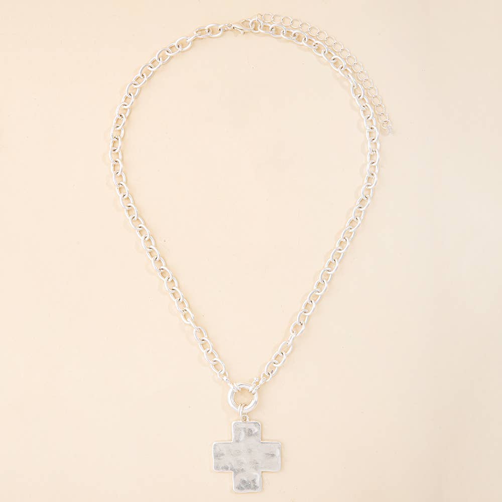 Hammered Square Cross Pendant Chunky Chain Necklace: WG