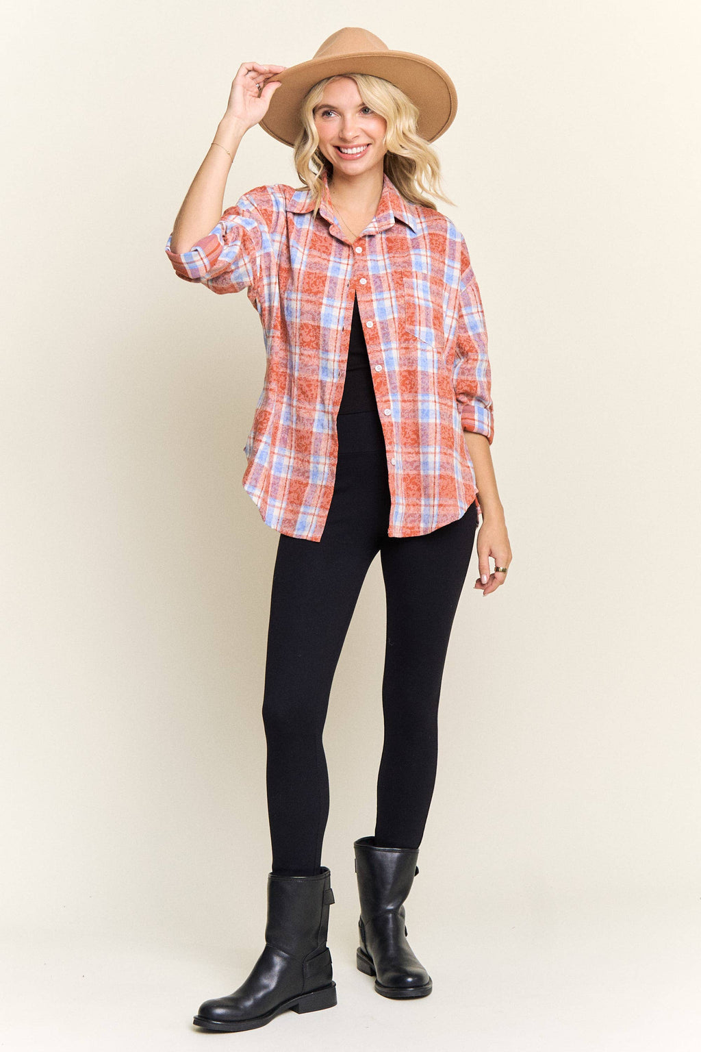 BURNOUT PLAID WASHED-LOOK SHIRT- LET4189: Blue / S-M-L(2-2-2)
