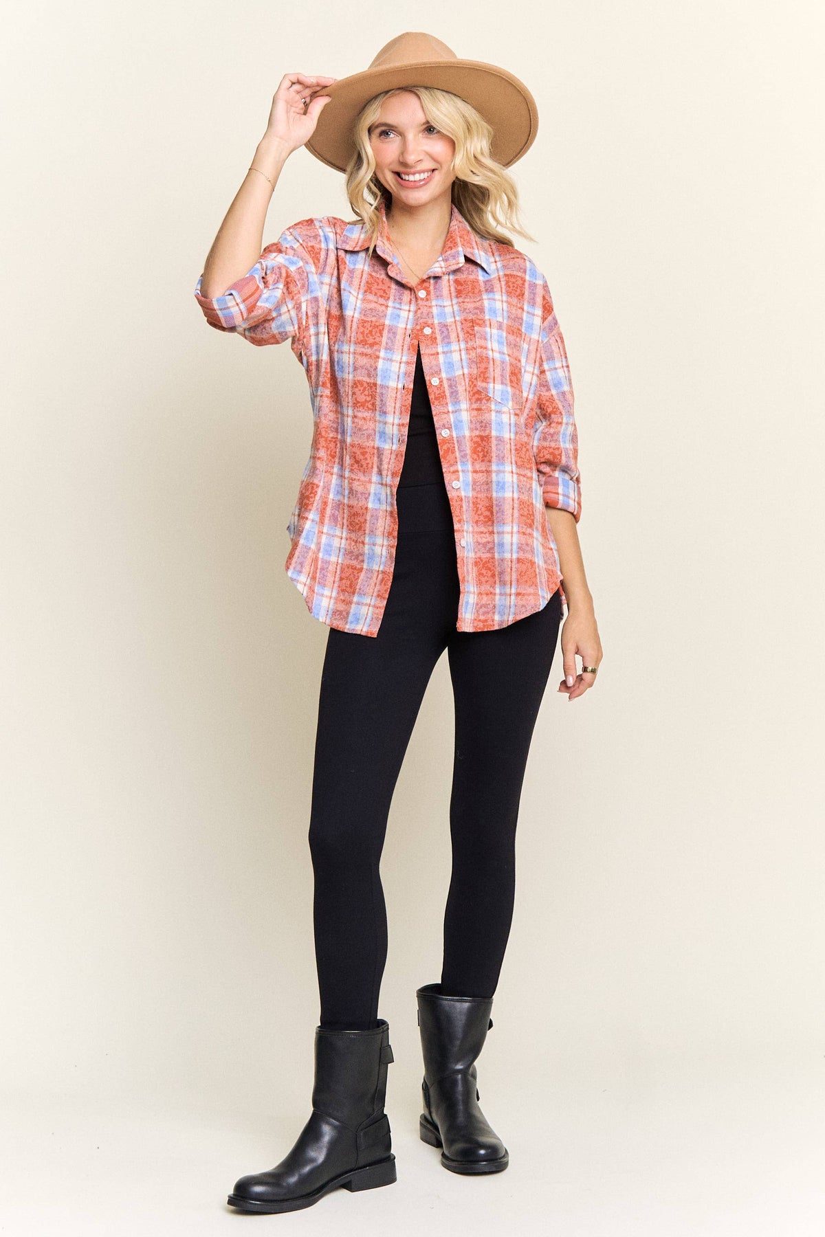 BURNOUT PLAID WASHED-LOOK SHIRT- LET4189: Blue / S-M-L(2-2-2)