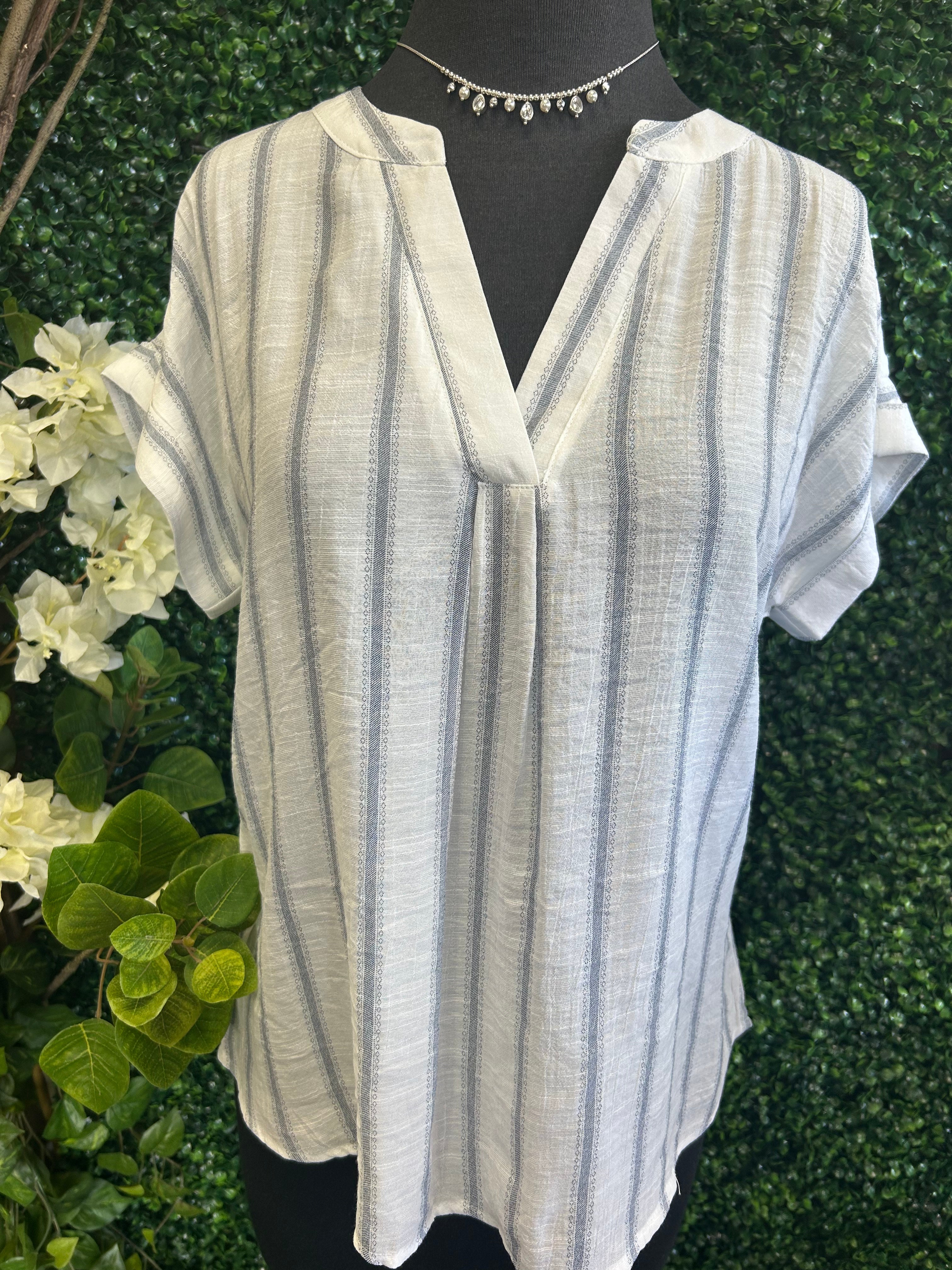 Striped Split Neck Back Button Shirt