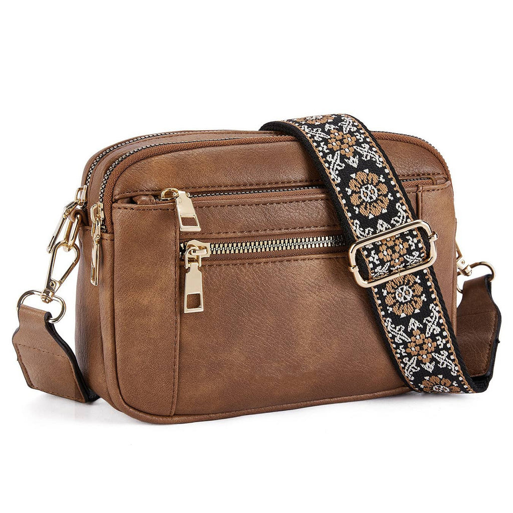 Embroidered Grid Color Blocked Retro Shoulder Bag: Brown