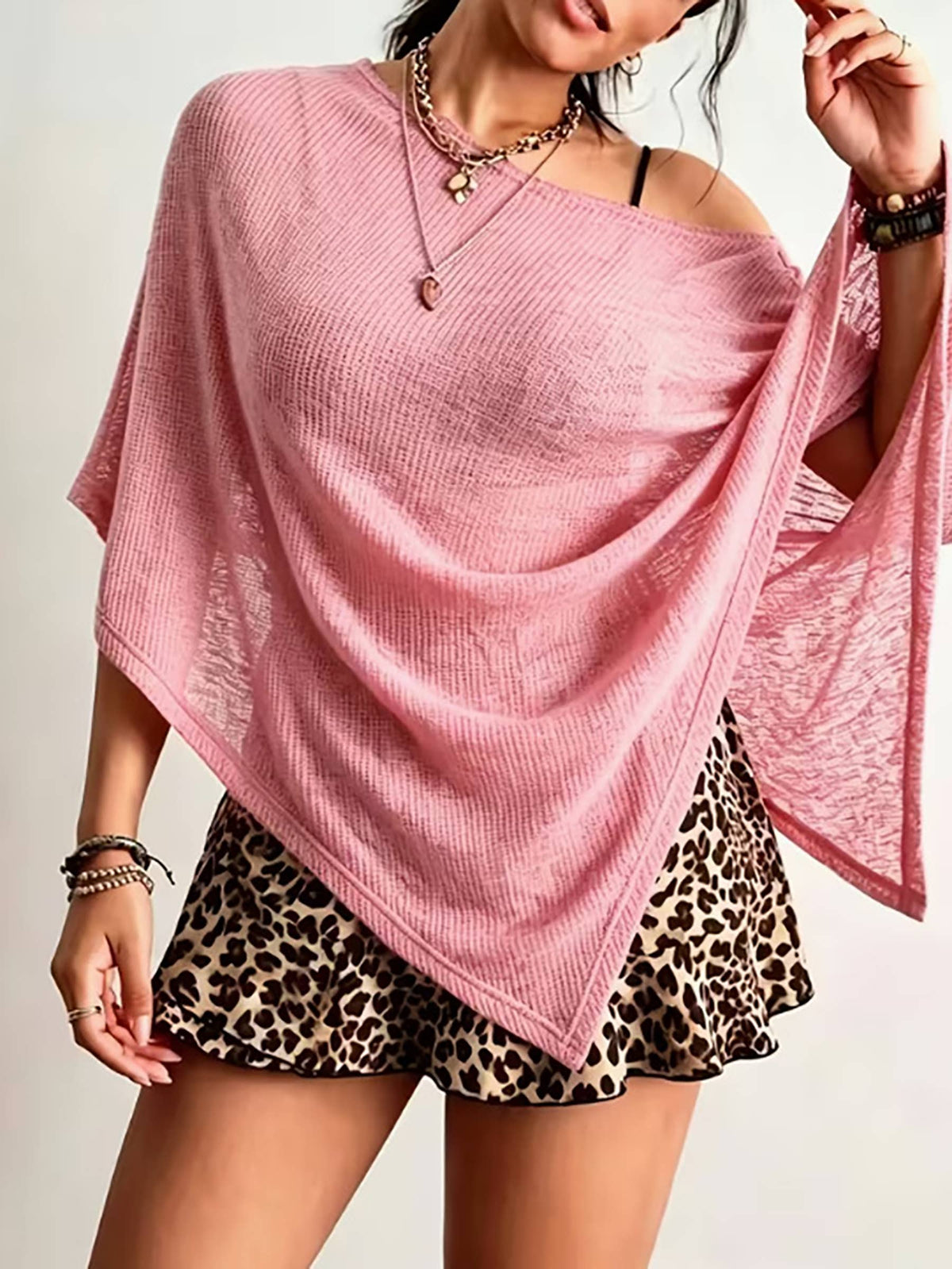 Lightweight Knit Poncho Shawl, Versatile Layering Cover Up: Black