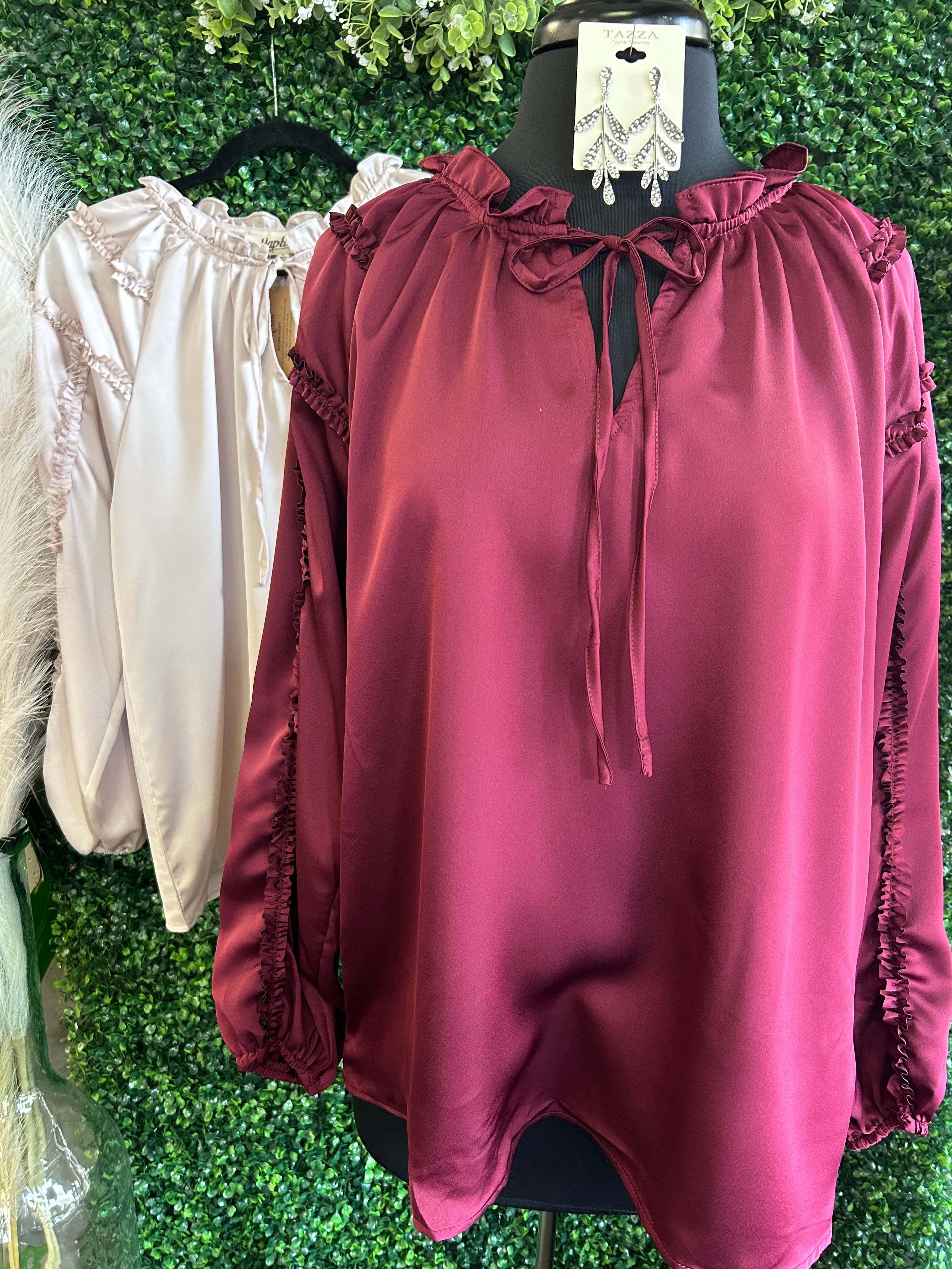 Frilled Mock Neck Satin Top
