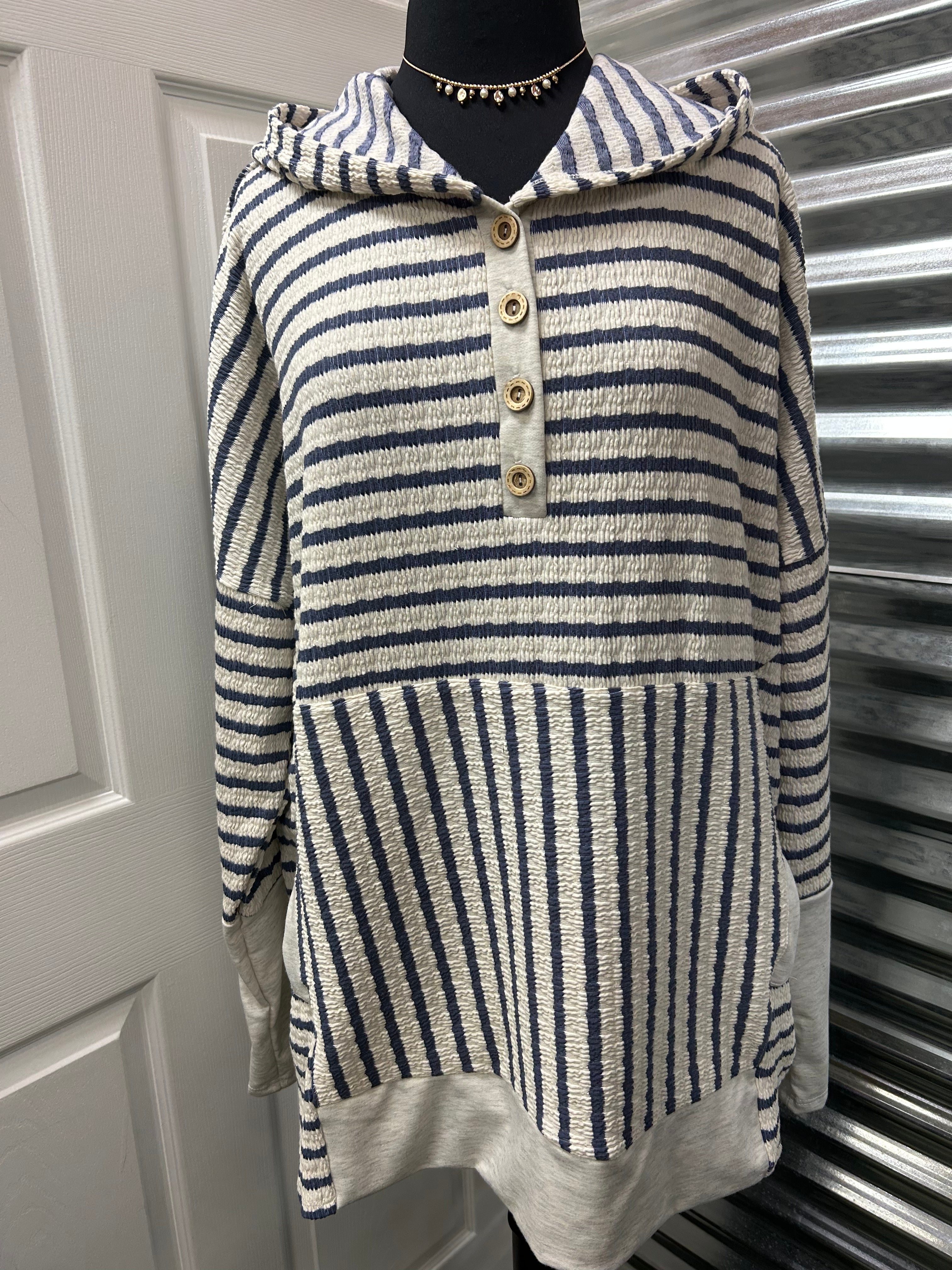 Striped Button Hoodie w/ Pockets