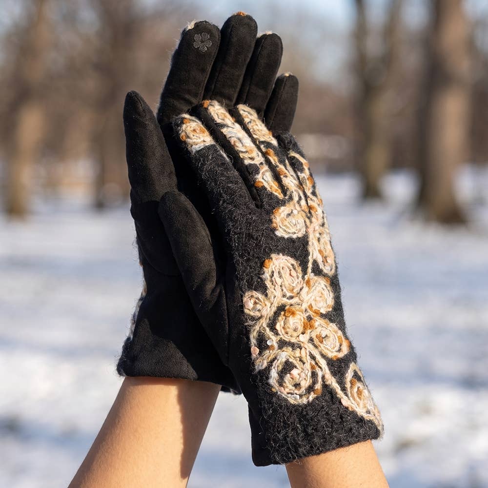 Rosette Embroidered Knit Touchscreen Gloves: GR