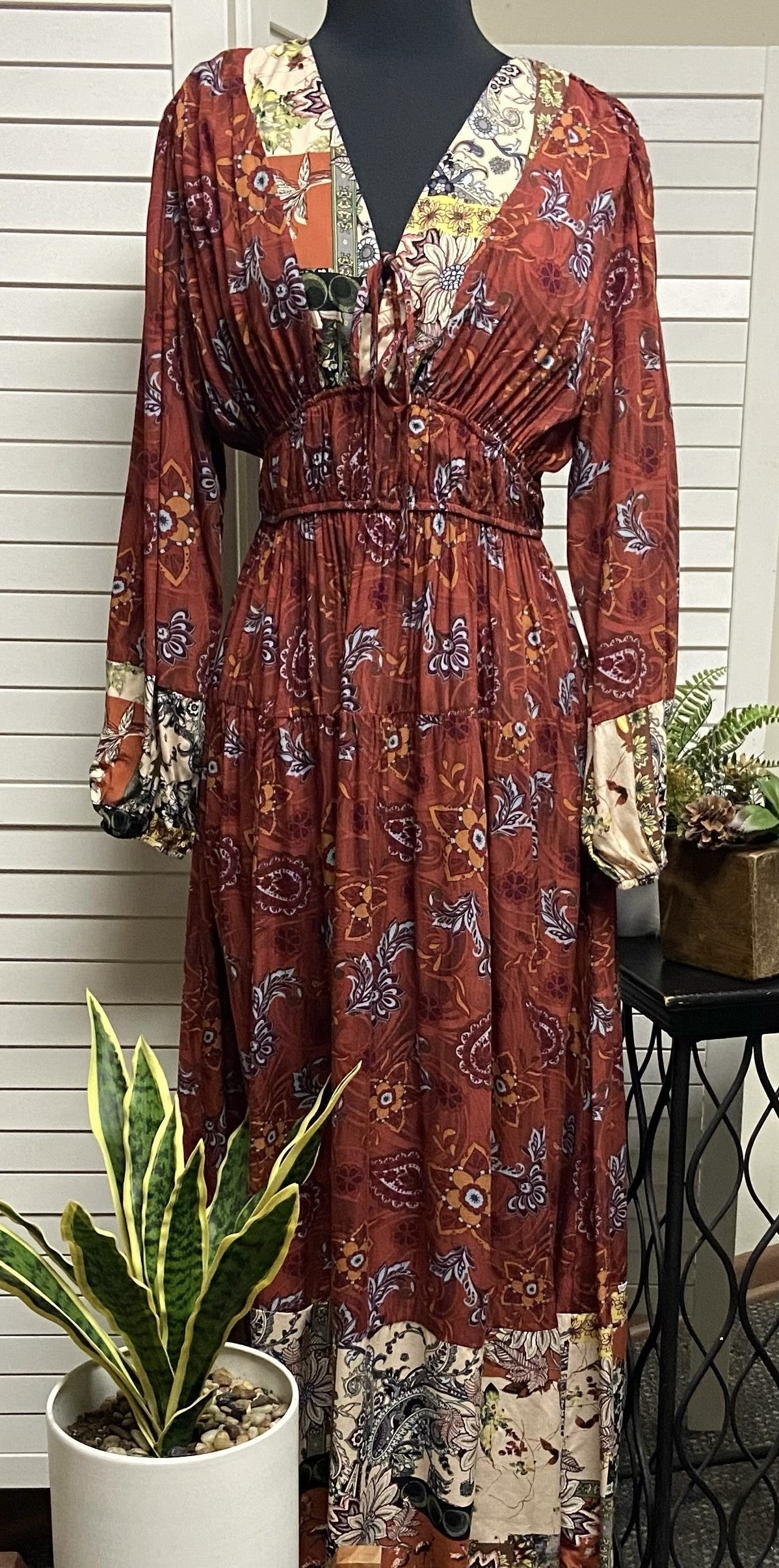 Mixed Print Front Tie Maxi Dress