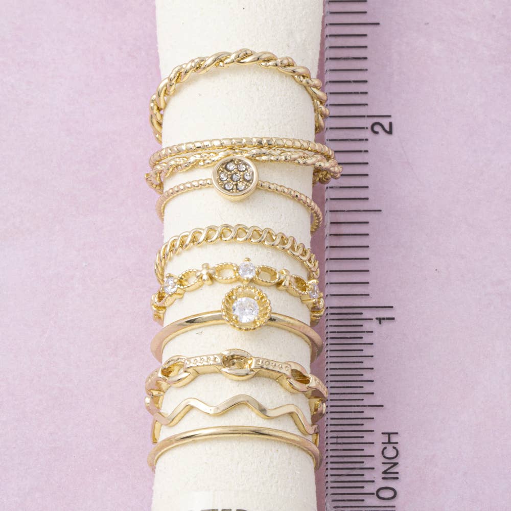 Rope Twist And Crystal Link Stacking Ring Set: GDCRY