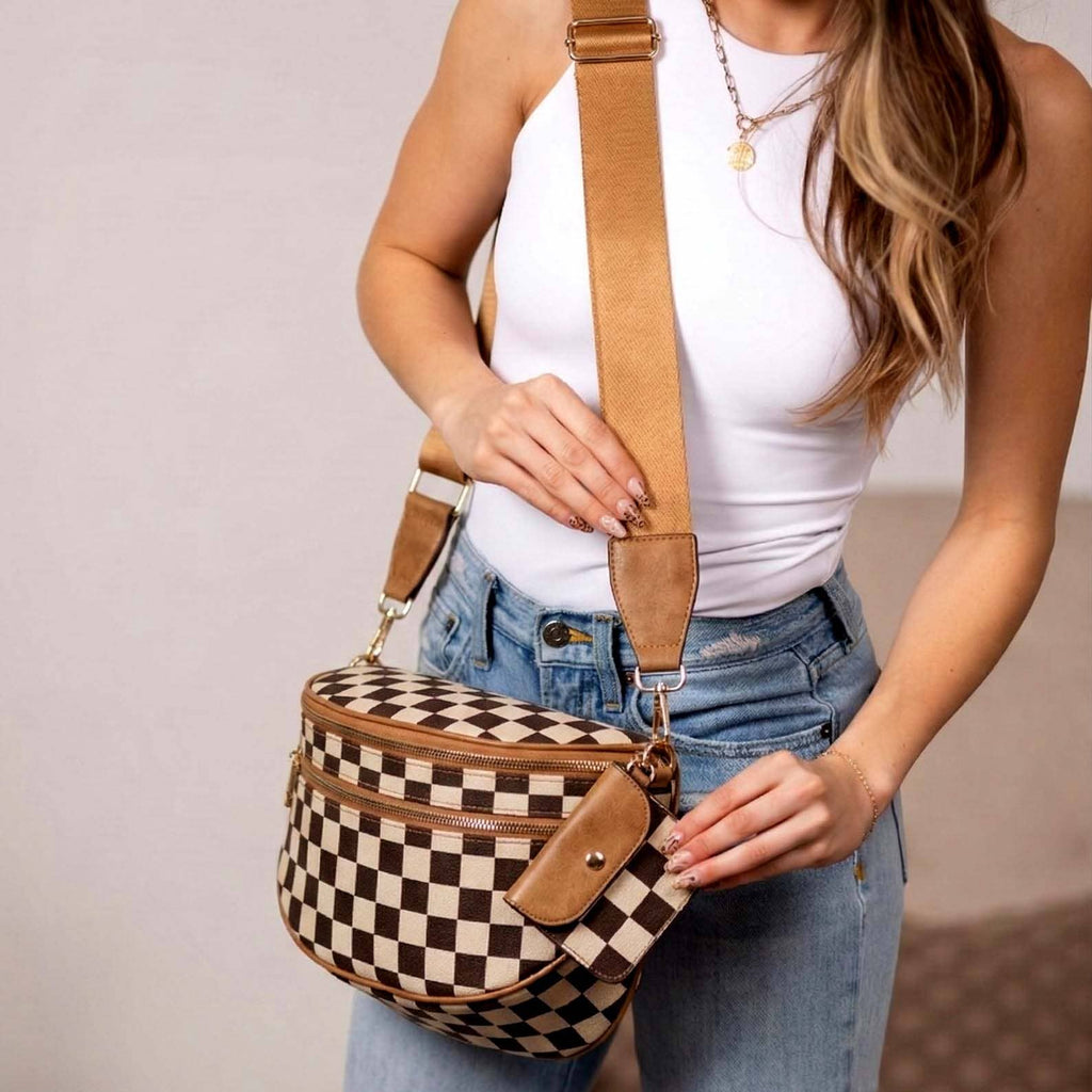 Kaylee Mixed Media Double Zip Crossbody Sling Bag: Cognac