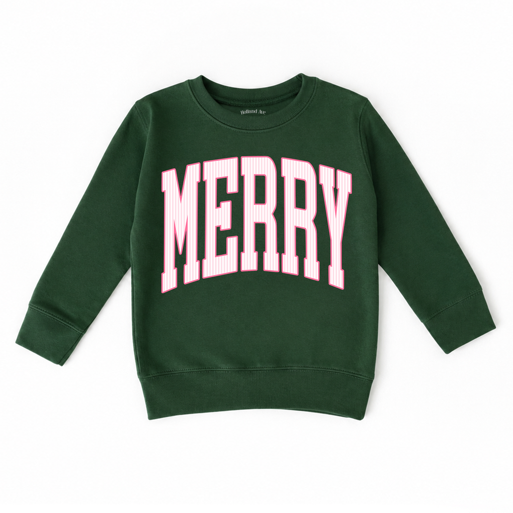 Merry | Pink Holiday Girls Christmas Sweatshirt: Green / 12/14 (YL) / Sweatshirt