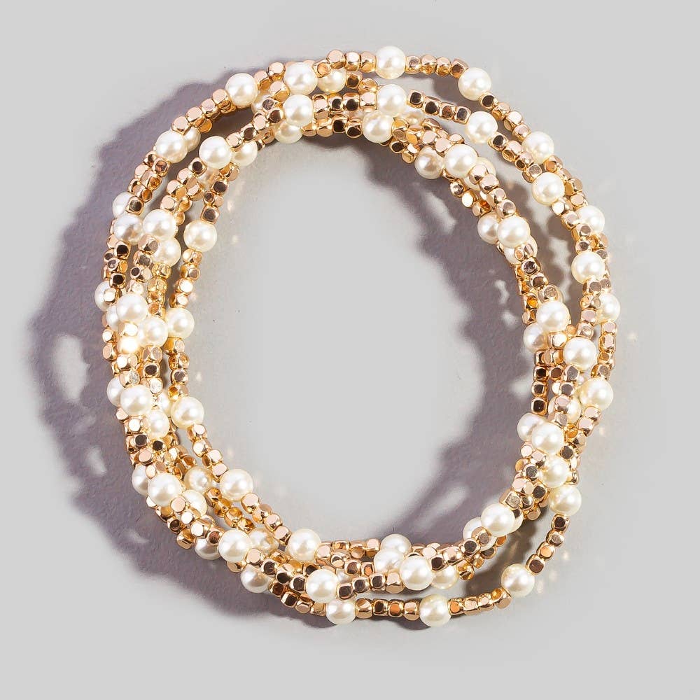 Pearl Gold Cube Bead Stretch Bracelet Set: CRMGD