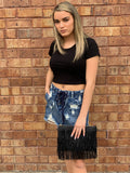 Distressed Jean Skirt with Lace Waist