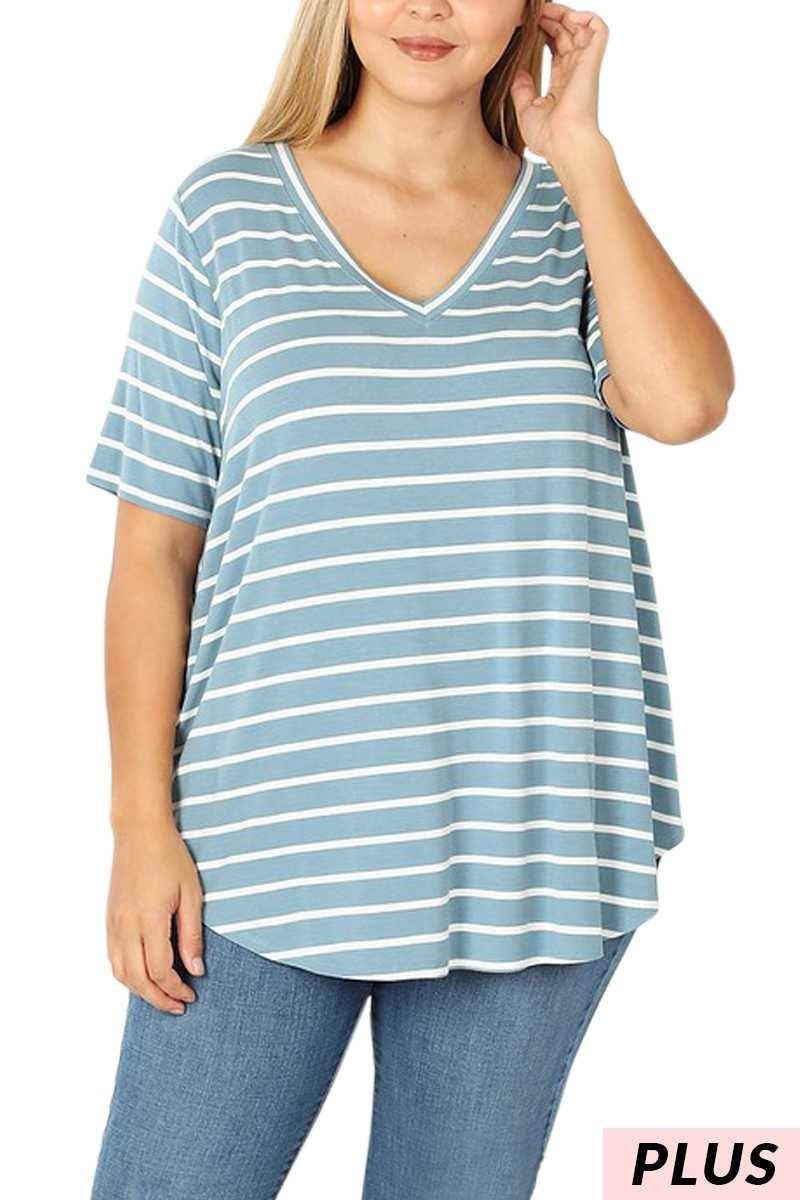 blue grey striped v-neck top
