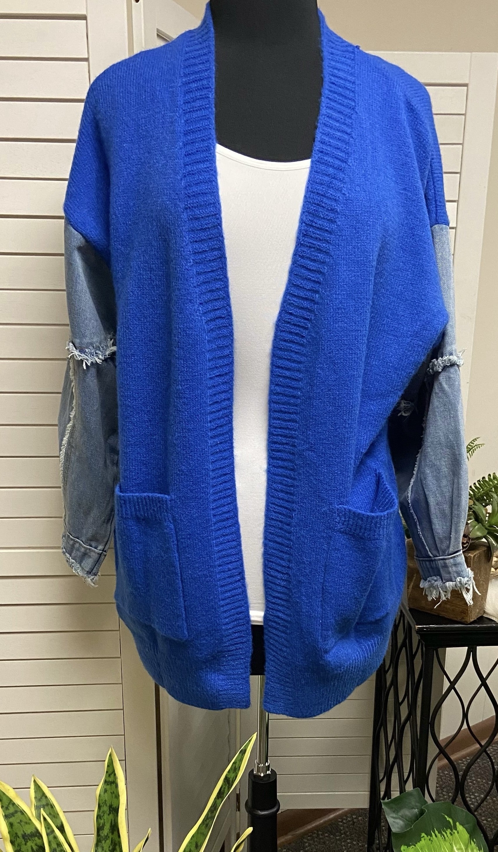 Sweater Cardi and Frayed Denim Sleeve