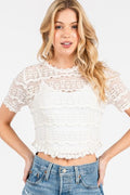 Stretchy Lace Short Sleeve Curved Hem Crop Top