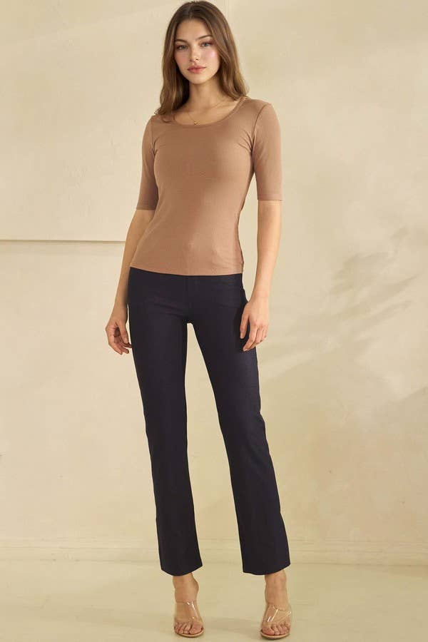 Pure Comfort Modern Mid Sleeve Ribbed Fitted Top: Mocha / L