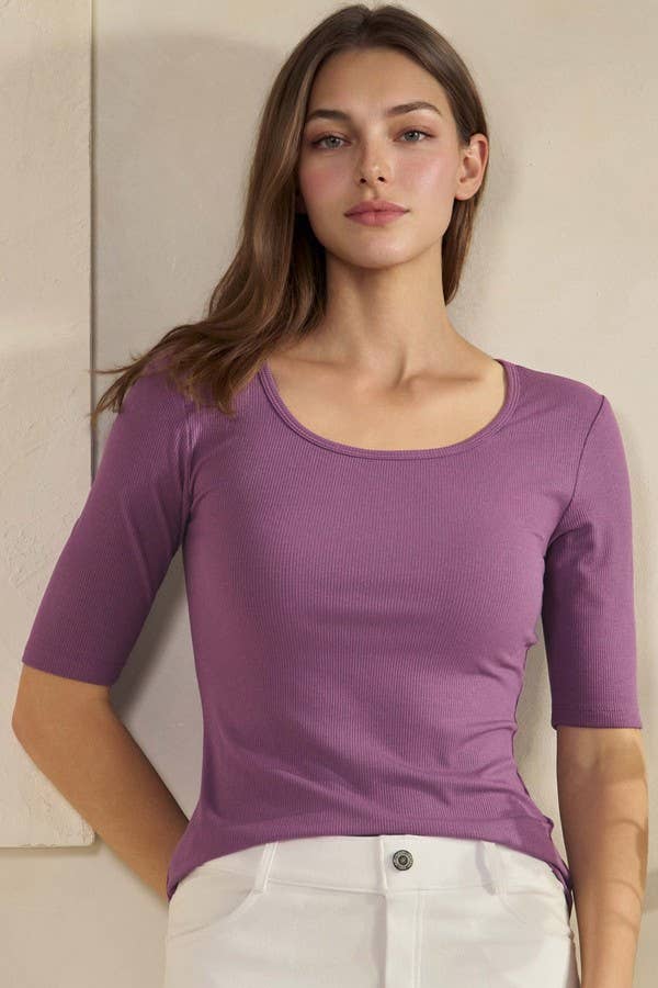 Pure Comfort Modern Mid Sleeve Ribbed Fitted Top: Mocha / S