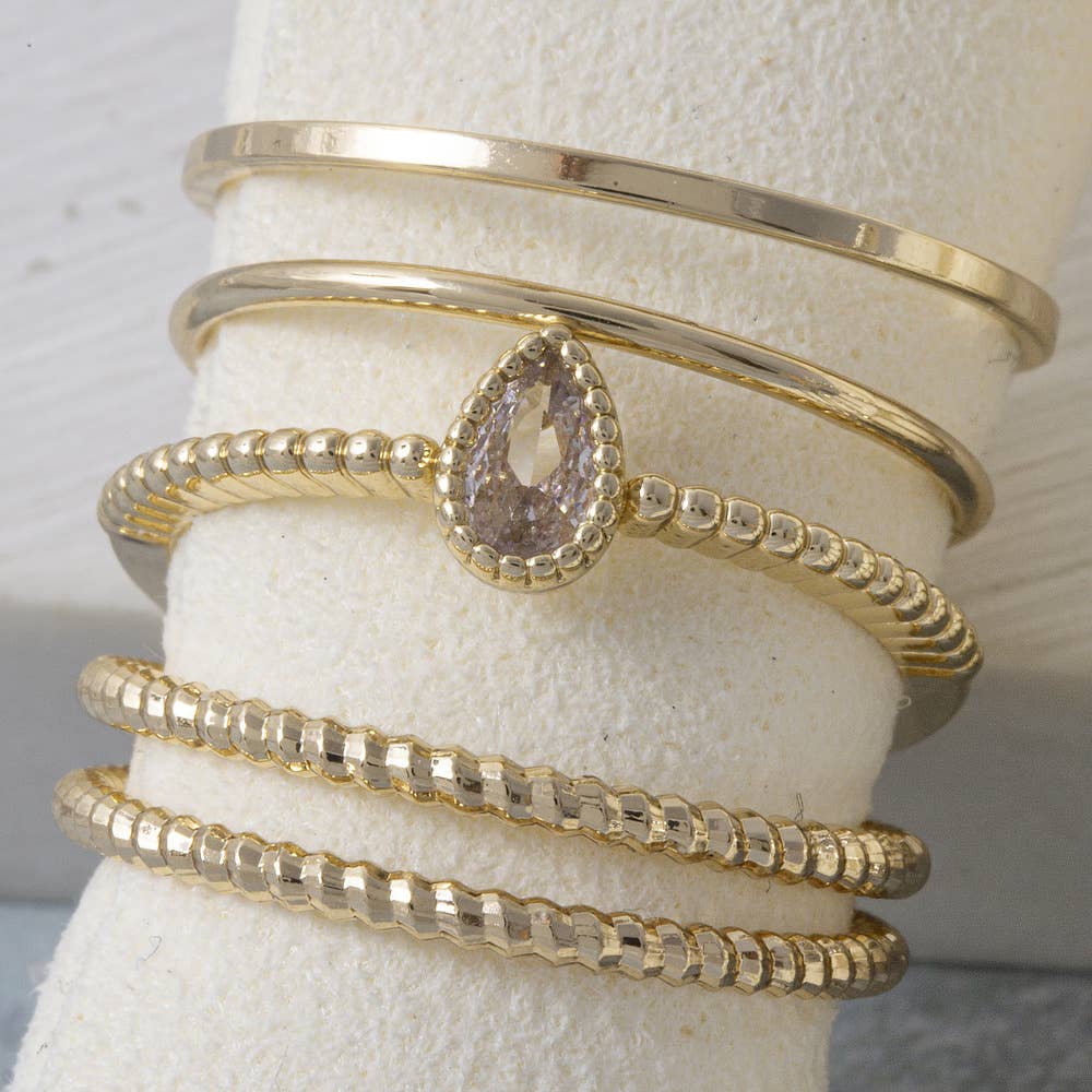 Five Piece Cz Bezel Pear Stone Stacking Ring Set: GDCRY