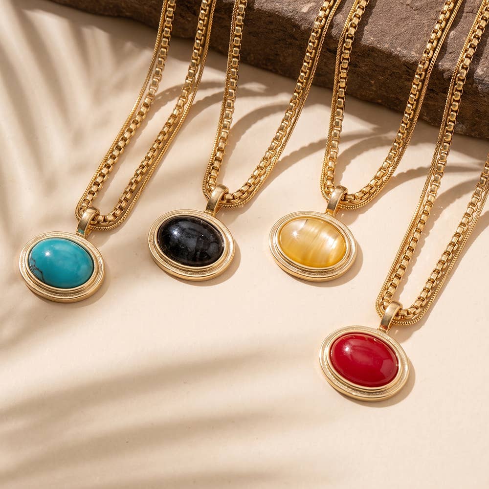 Oval Stone Pendant Double Layer Chain Necklace: WI