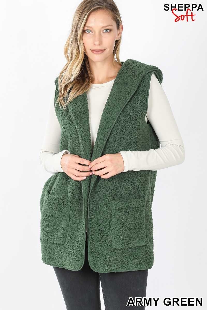 Solid Sherpa Hooded Vest with Pockets