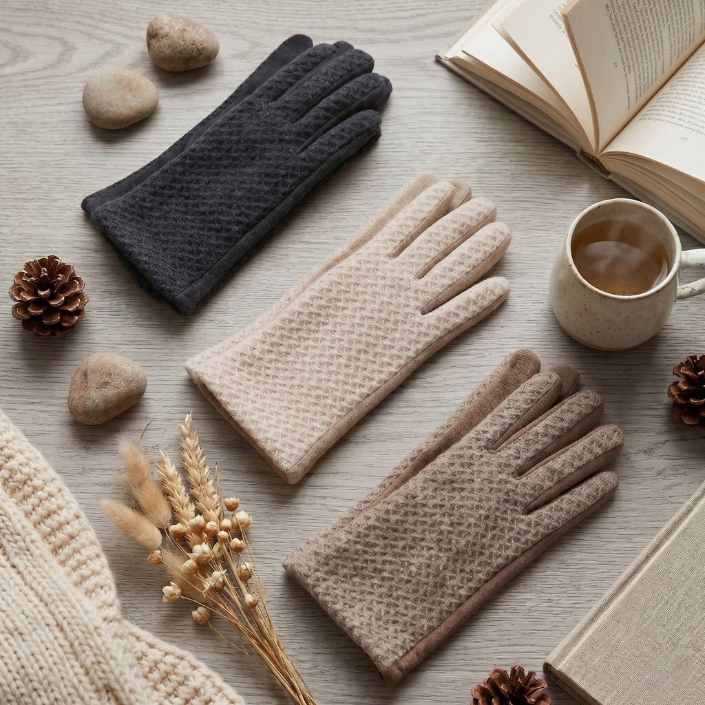 Herringbone Knit & Faux Suede Combi Touchscreen Gloves: Beige