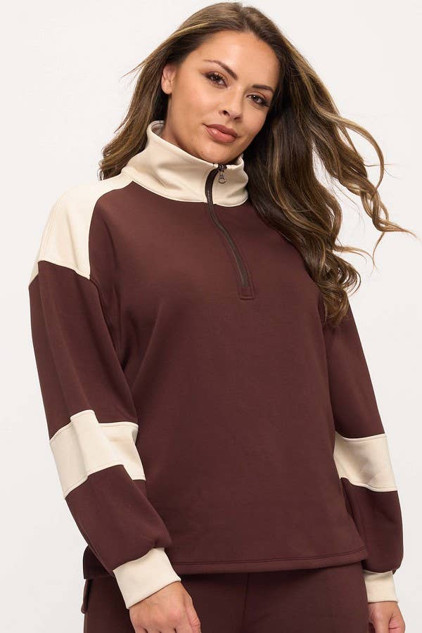 Women's Sleek Colorblock Half-Zip Cozy Fall Top Plus Size: Black/Light Khaki / XXL